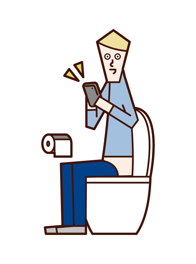 화장실에서 스마트 폰을 조작하는 사람 (남성)의 그림