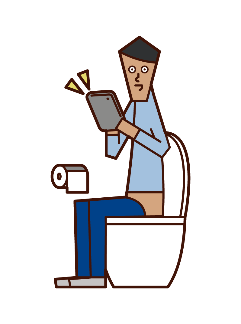 화장실에서 태블릿을 조작하는 사람 (남성)의 그림