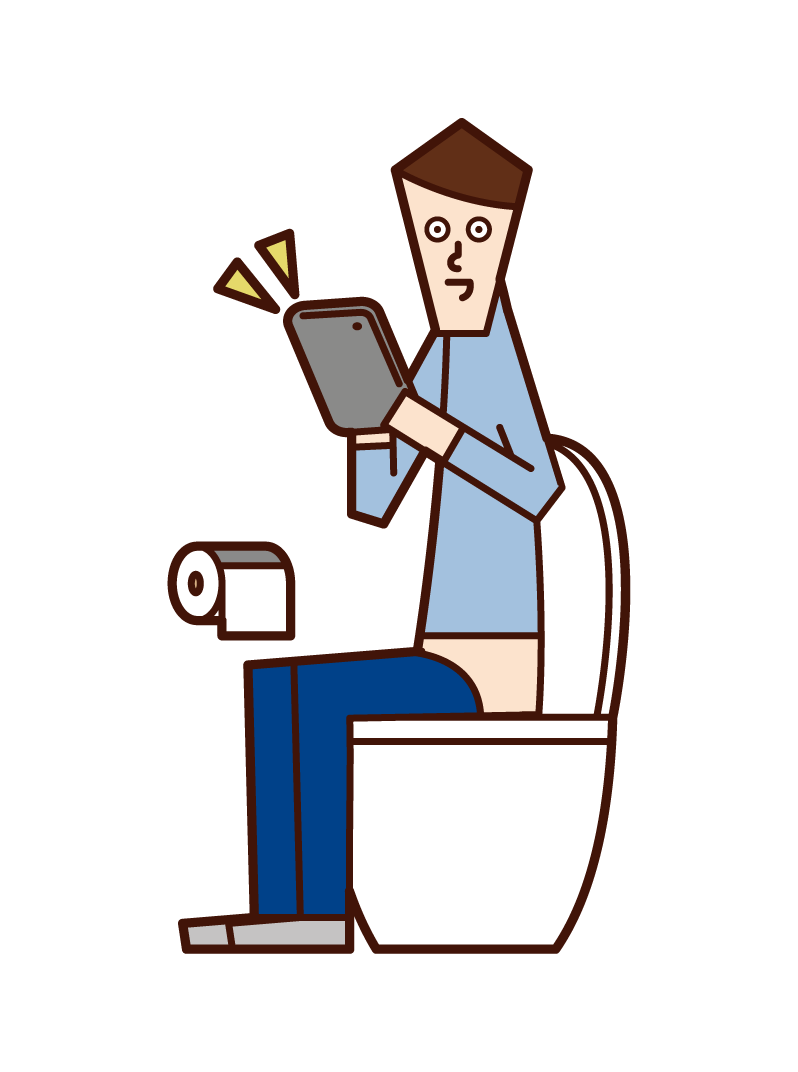 在廁所裡操作平板電腦的人（男性）的插圖