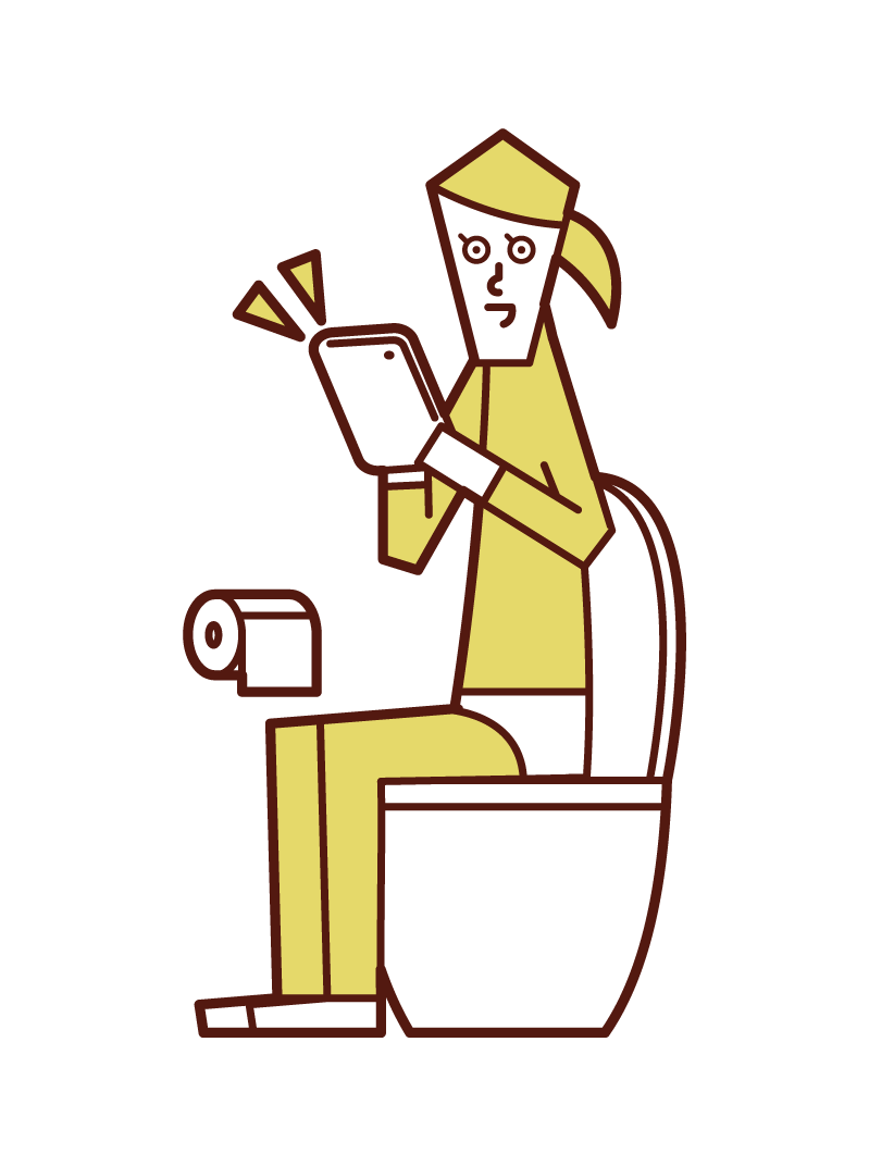 トイレでタブレットを操作する人（女性）のイラスト