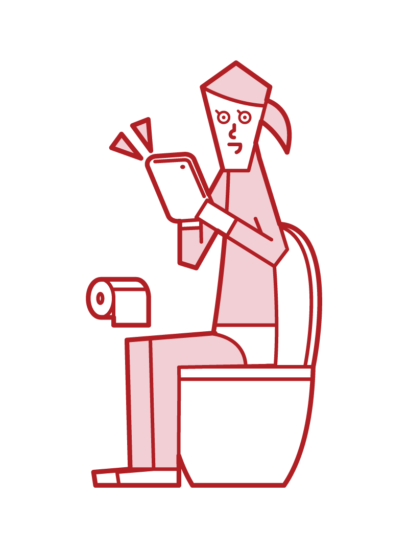 在廁所裡操作平板電腦的人（女性）的插圖