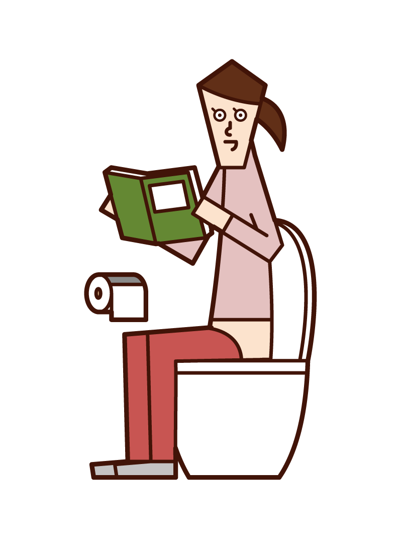 在廁所裡看書的人（女性）的插圖