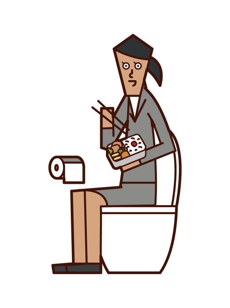 トイレで食事をする人（女性）のイラスト