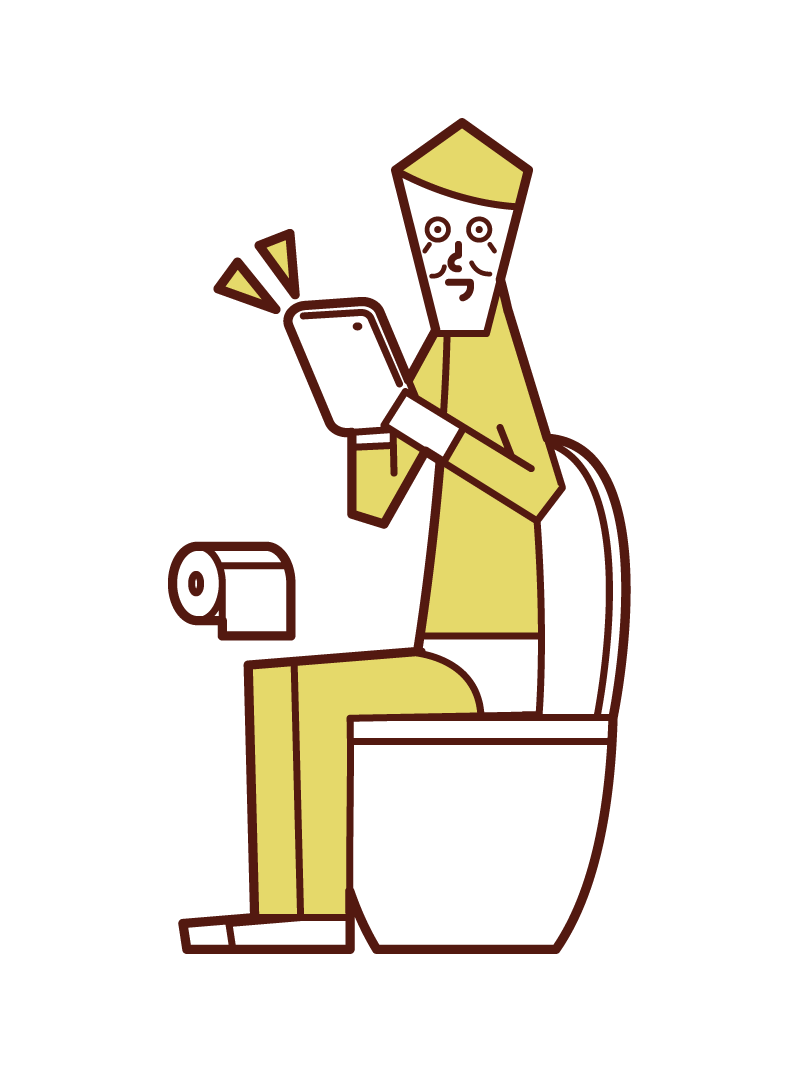 在廁所裡操作平板電腦的老人（男性）的插圖