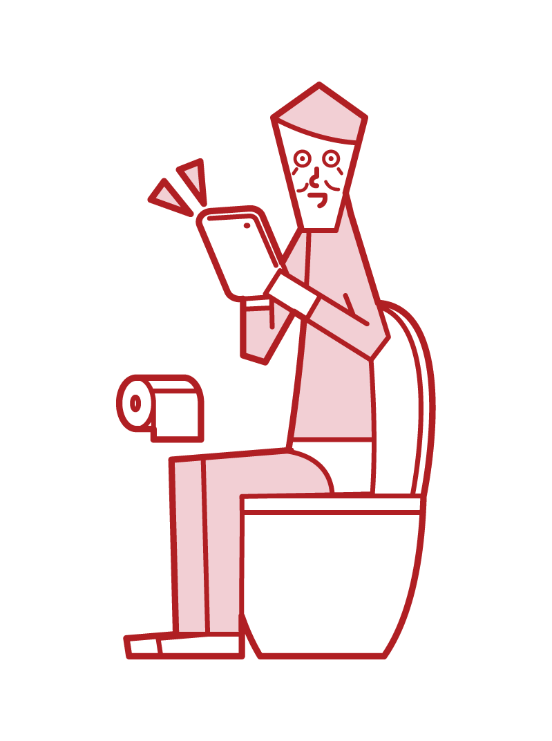 在廁所裡操作平板電腦的老人（男性）的插圖