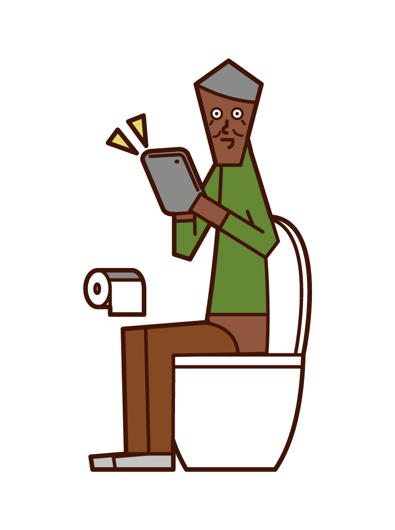 Illustration of an old man operating a tablet in a toilet