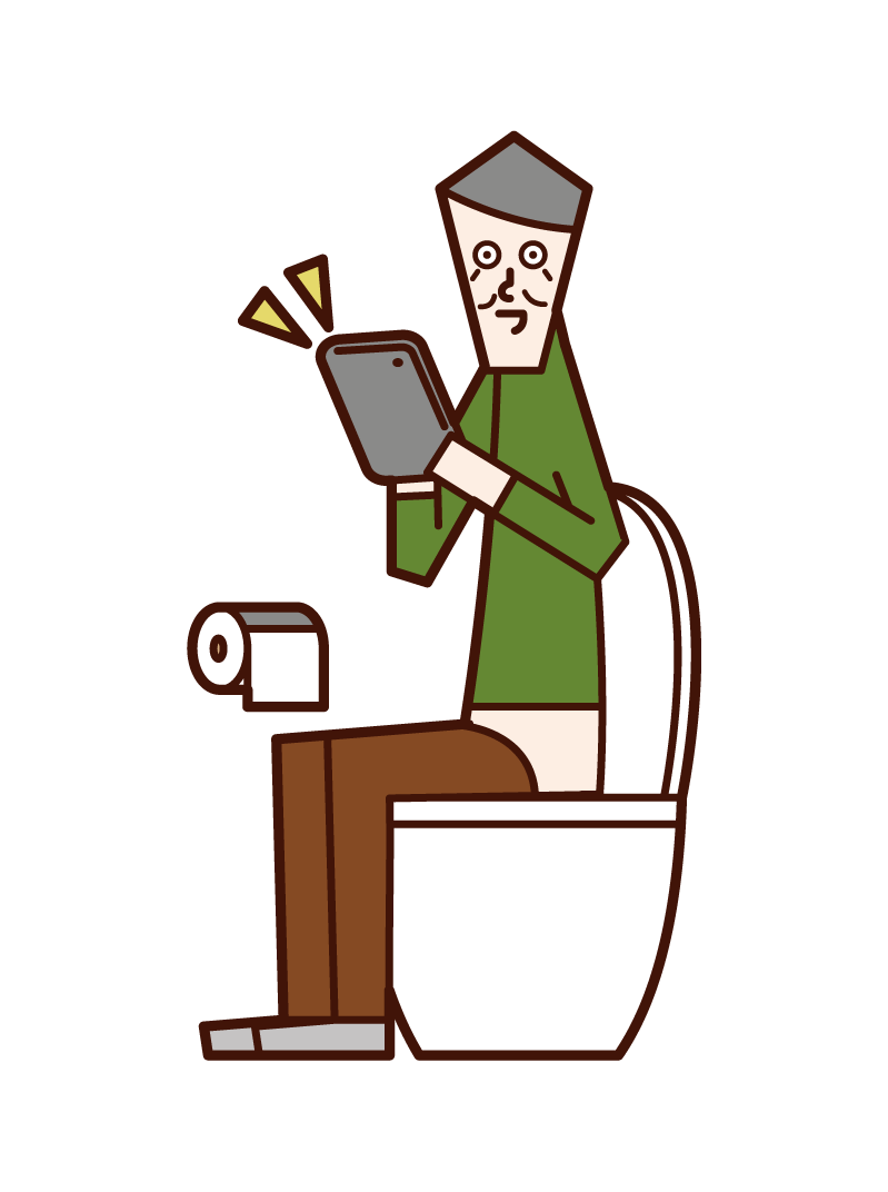 トイレでタブレットを操作する老人（男性）のイラスト
