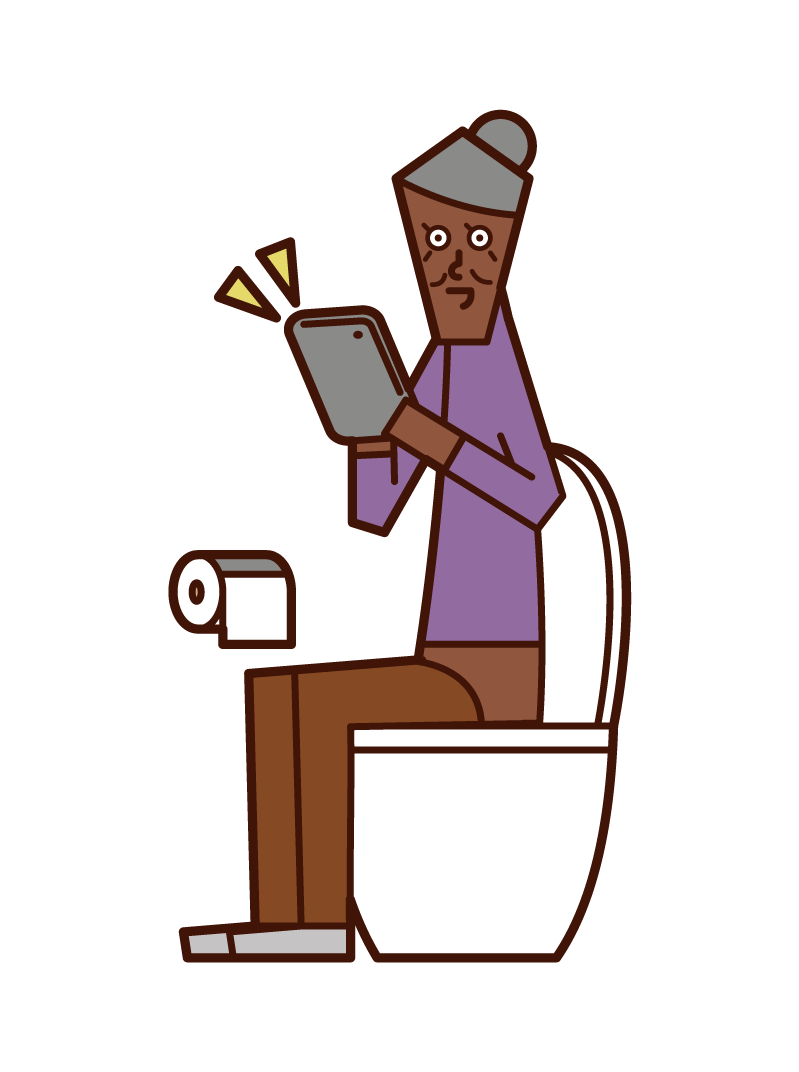 在廁所裡操作平板電腦的老人（女性）的插圖