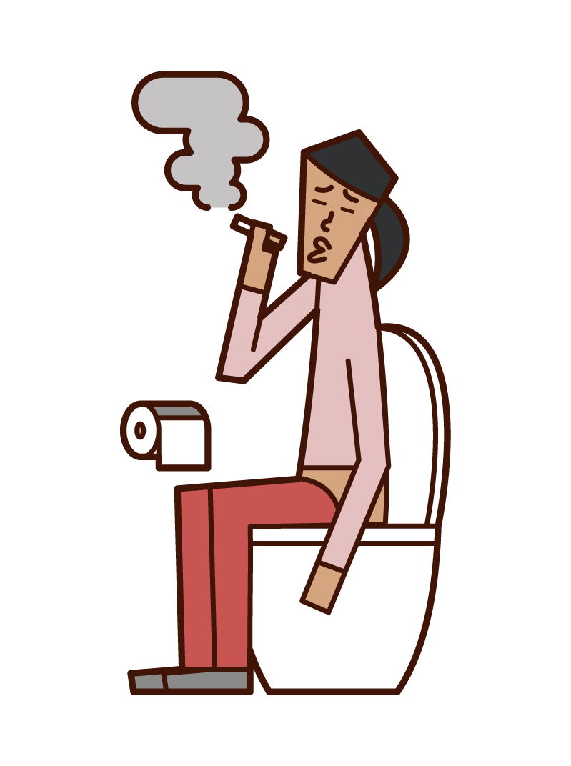 トイレでタバコを吸う人（女性）のイラスト
