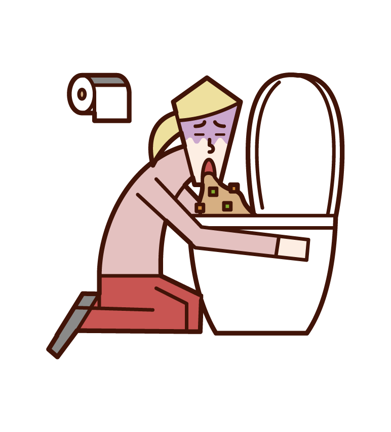 トイレで嘔吐をする人・食中毒（女性）のイラスト