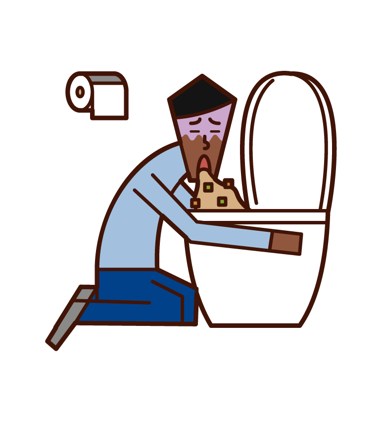 在廁所裡嘔吐的人和食物中毒（男性）的插圖