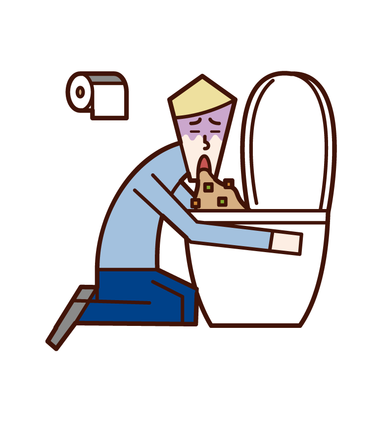 在廁所裡嘔吐的人和食物中毒（男性）的插圖