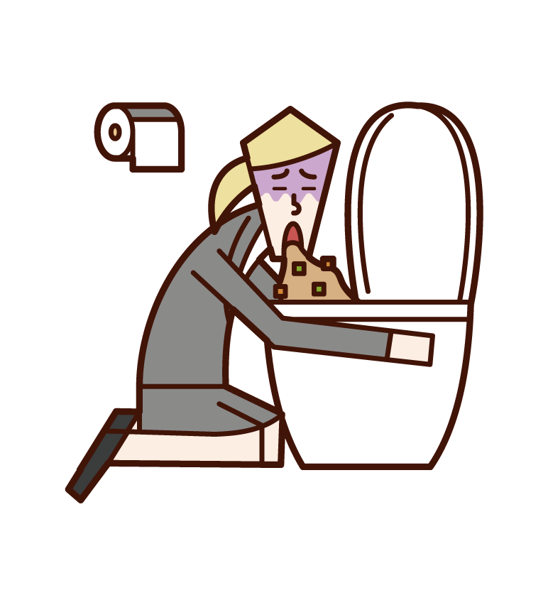 Illustration of a person vomiting in the toilet and food poisoning (woman)