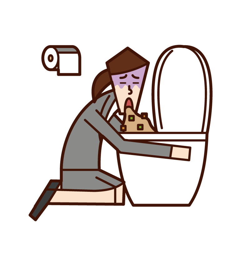 Illustration of a person vomiting in the toilet and food poisoning (woman)