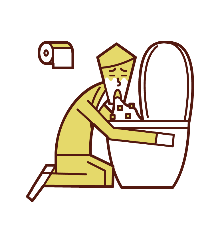 Illustration of a person vomiting in the toilet and food poisoning (man)