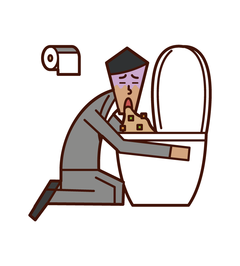 Illustration of a person vomiting in the toilet and food poisoning (man)