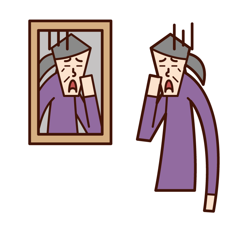 在鏡子裡看著臉的老人（女人）的插圖