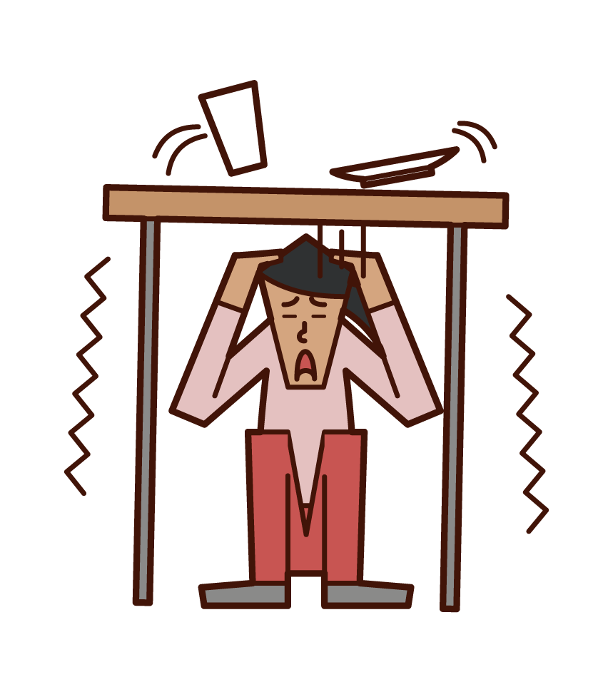 Illustration of a woman hiding under a desk in an earthquake