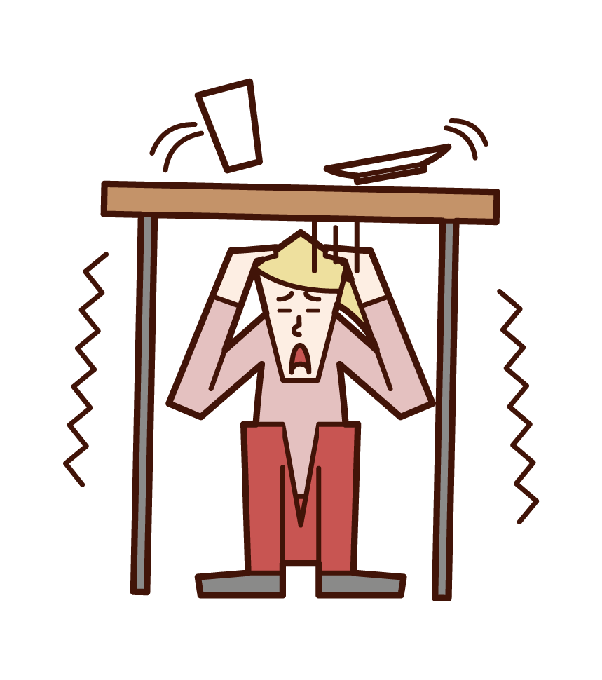 Illustration of a woman hiding under a desk in an earthquake