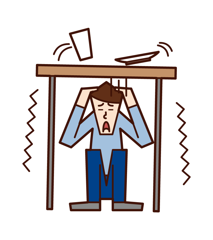 Illustration of a man hiding under a desk in an earthquake
