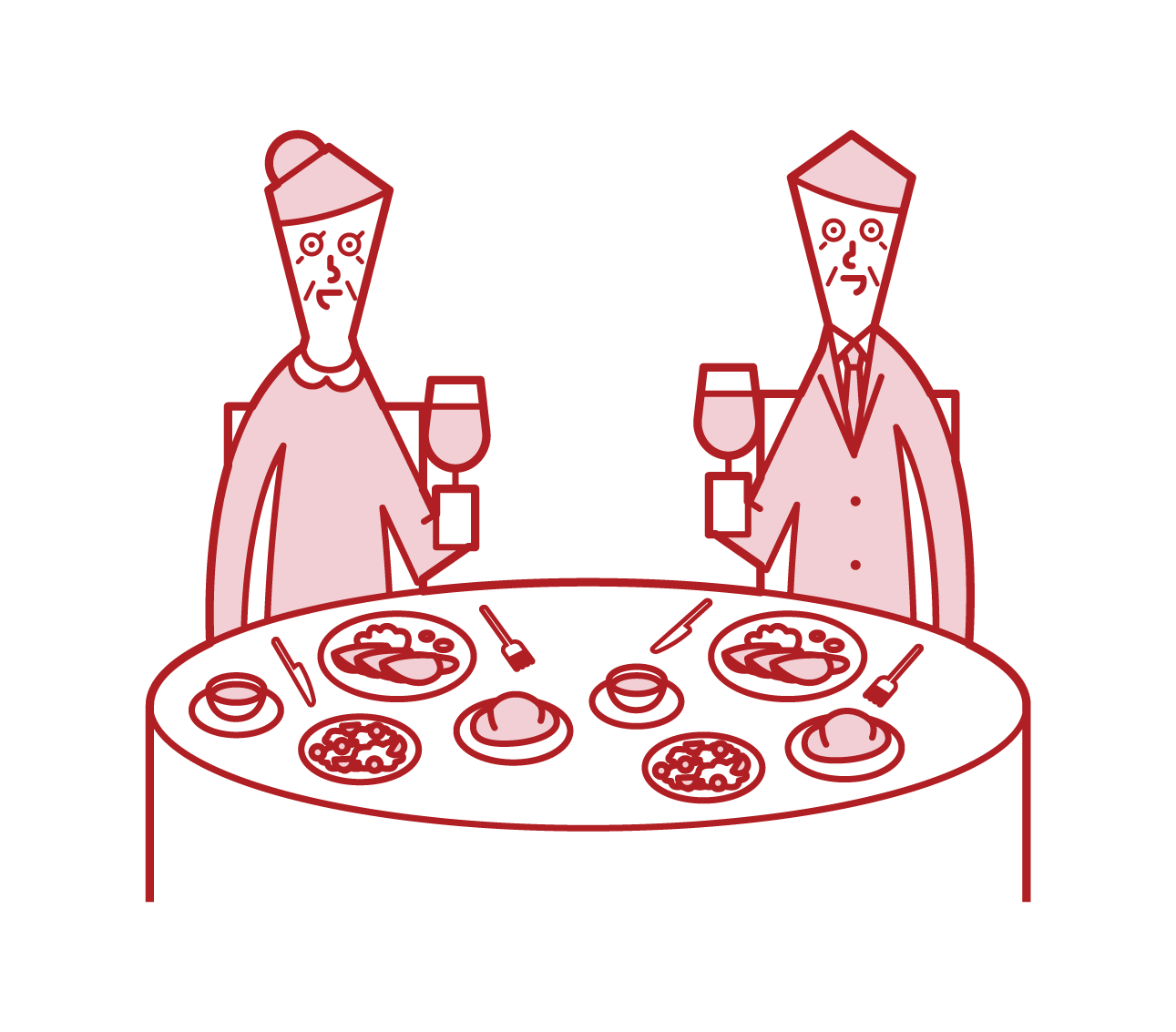 Illustration of an elderly couple eating deliciously in a restaurant