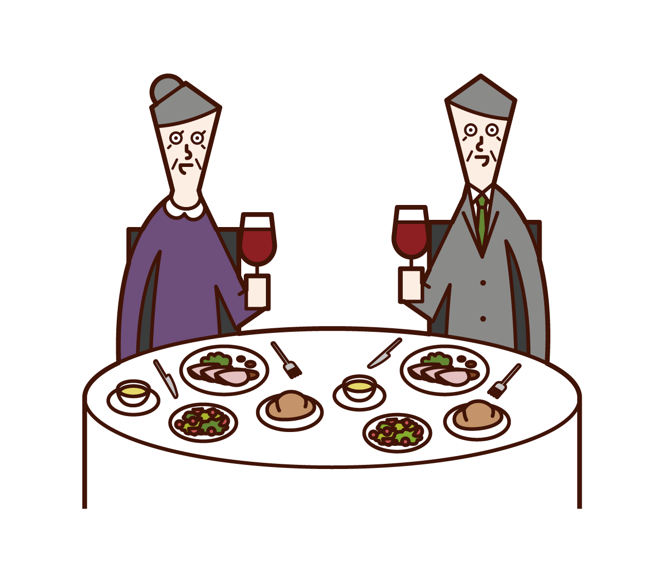 Illustration of an elderly couple eating deliciously in a restaurant