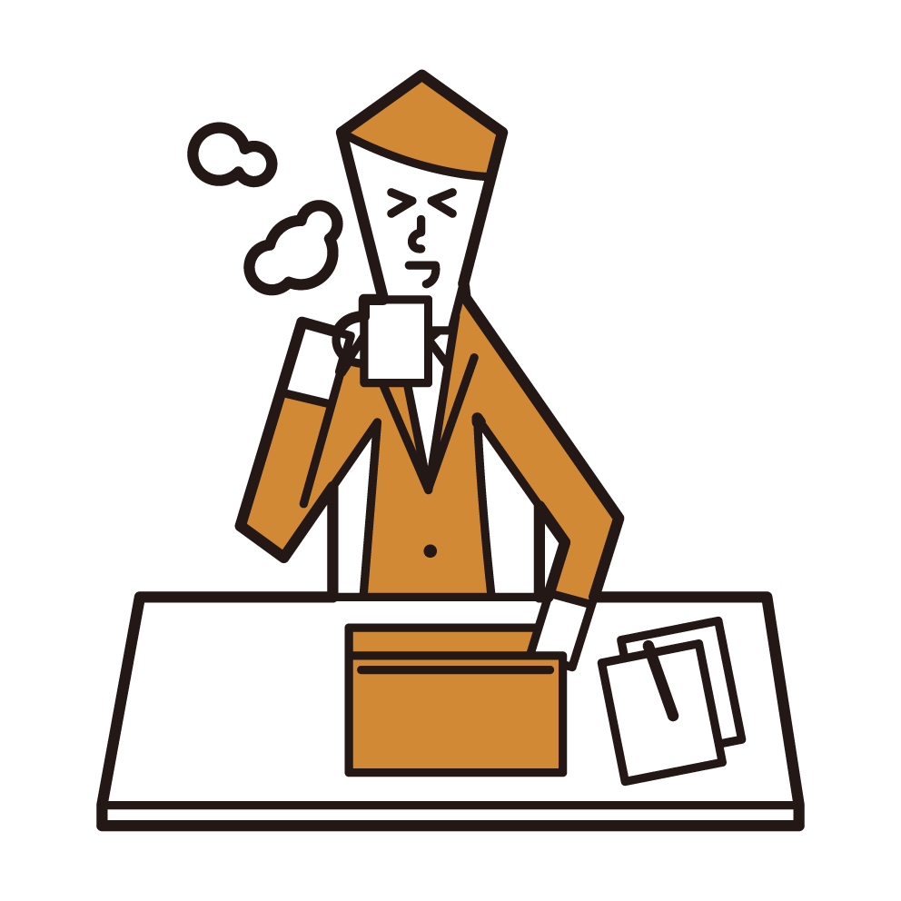 Illustration of a man drinking coffee while working