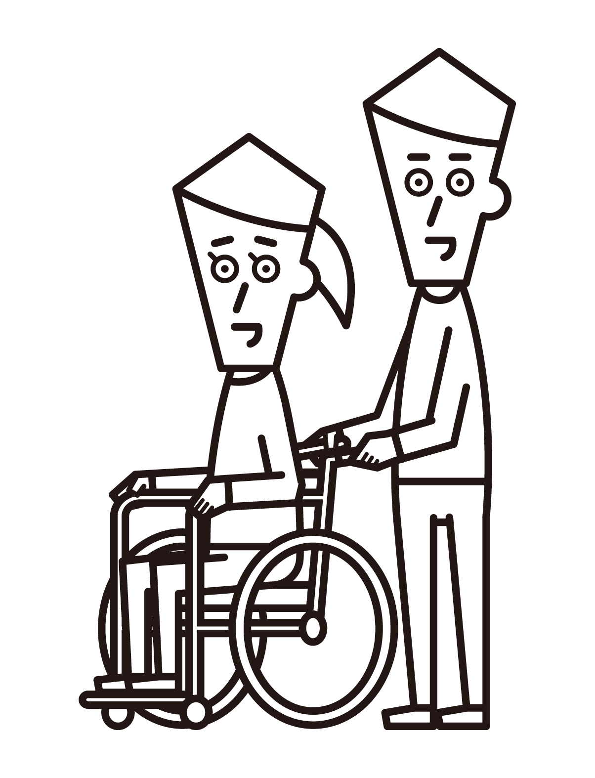 車椅子に乗る人（女性）と押す人（男性）のイラスト