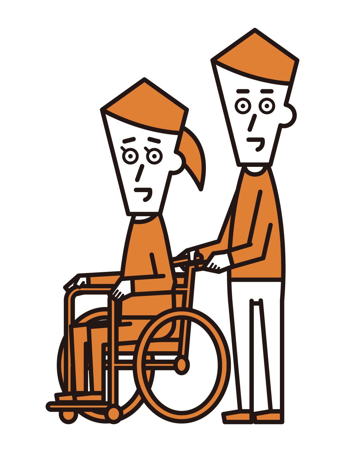 車椅子に乗る人（女性）と押す人（男性）のイラスト