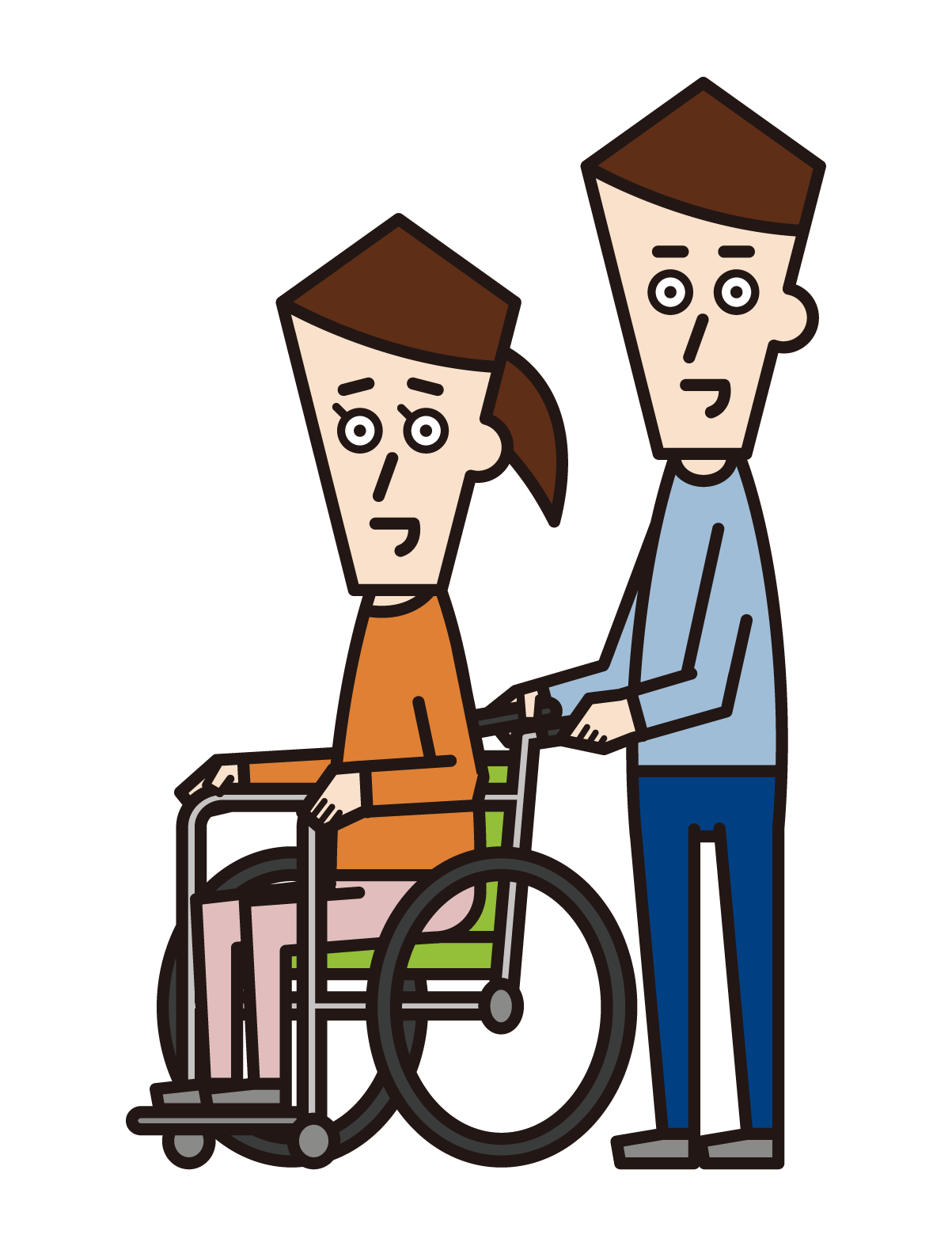 Illustration of a wheelchair person (female) and a pusher (male)