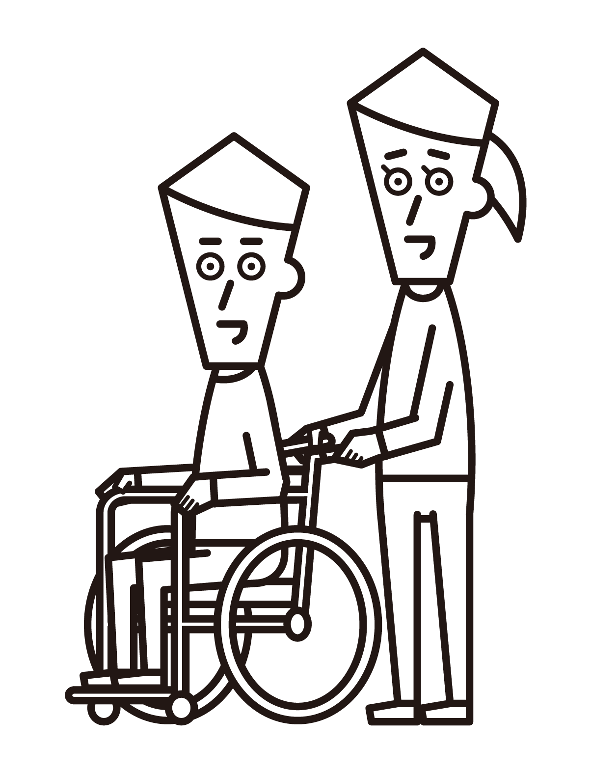 車椅子に乗る人（男性）とそれを押す人（女性）のイラスト