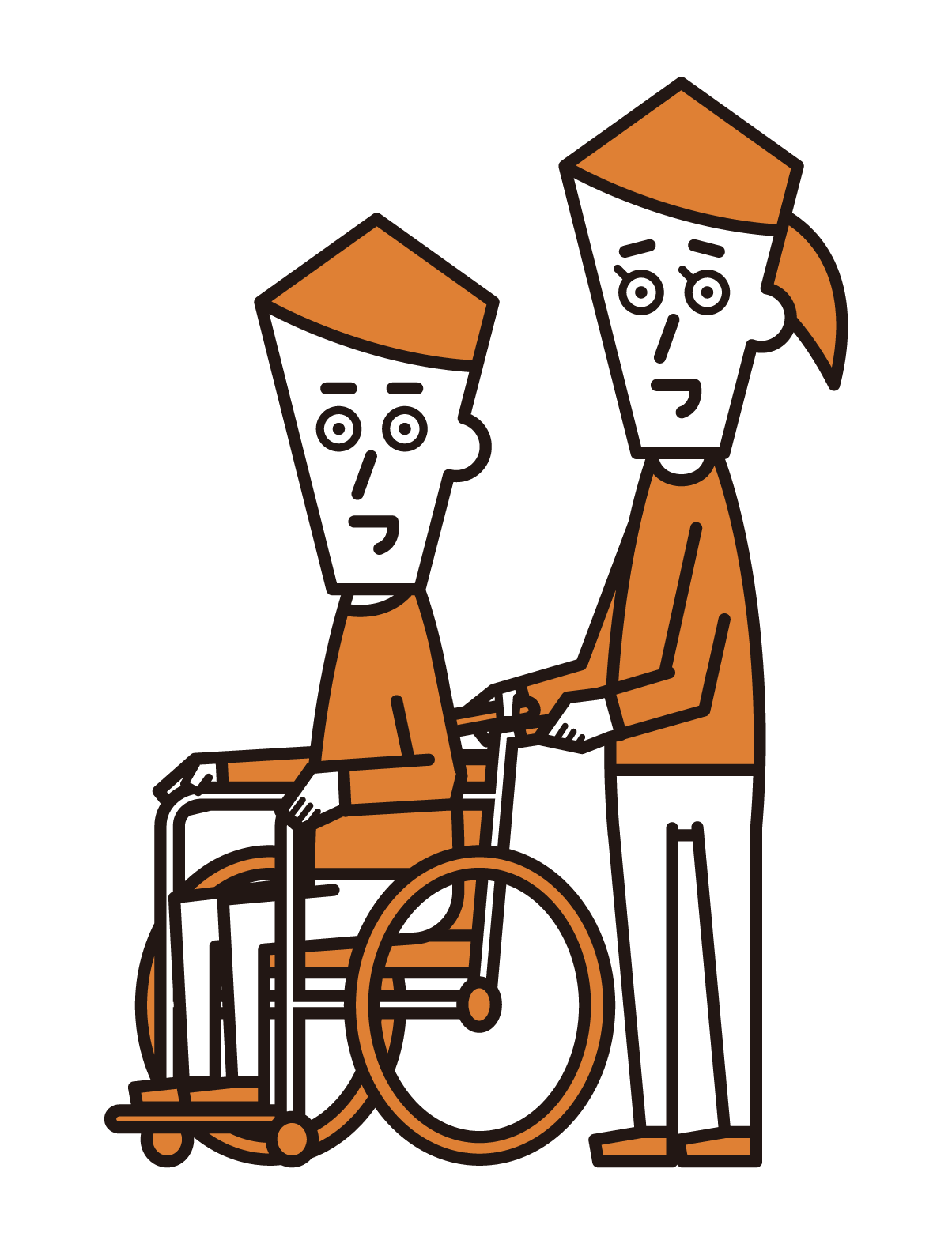 坐在輪椅上的人（男性）和推輪椅的人（女性）的插圖