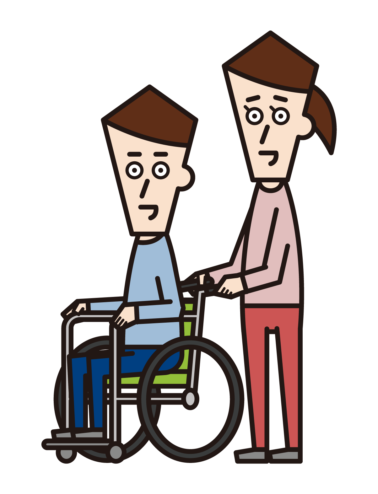 휠체어를 탄 사람(남성)과 휠체어를 밀고 있는 사람(여성)의 그림