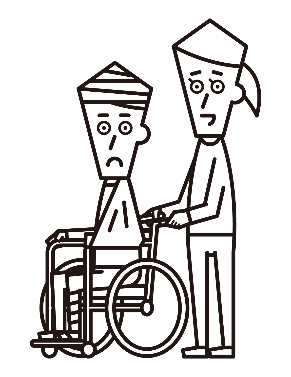 嚴重受傷和坐在輪椅上的人（男性）的插圖