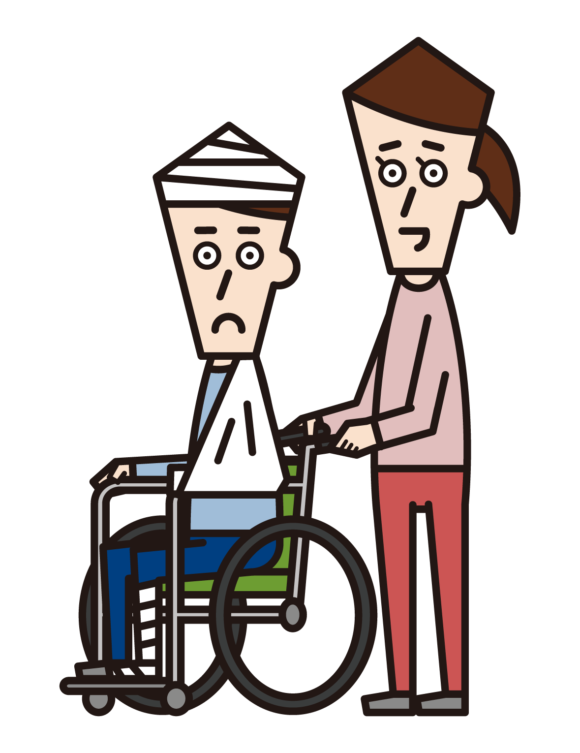 Illustration of a man who is seriously injured and in a wheelchair