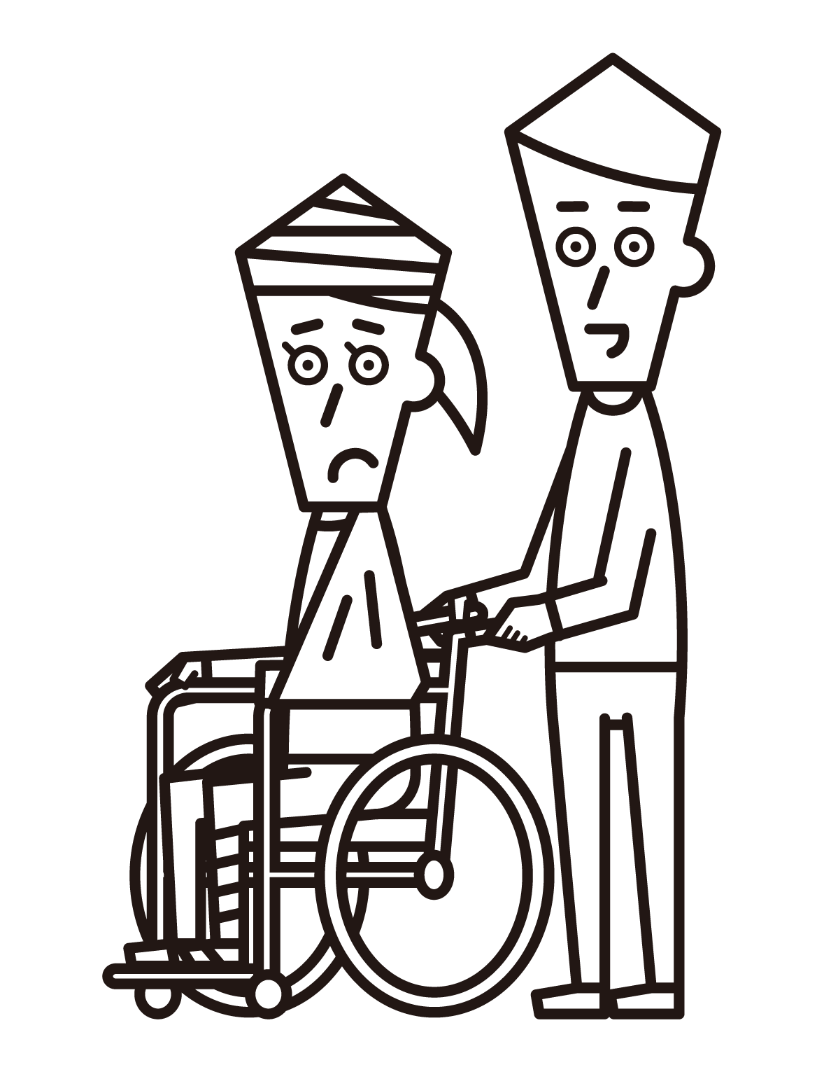 휠체어에 앉은 중대한 부상과 사람(여성)의 일러스트