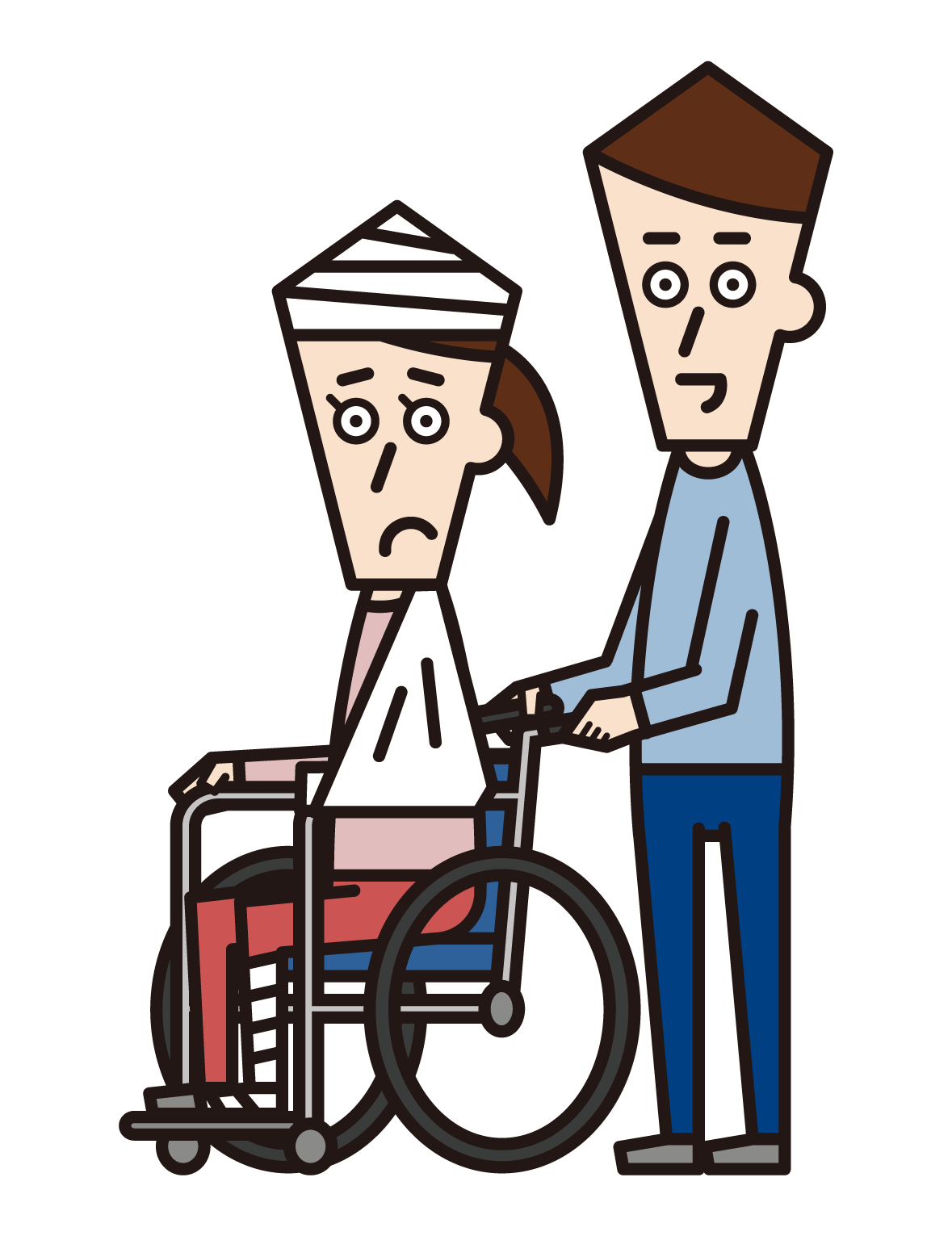 휠체어에 앉은 중대한 부상과 사람(여성)의 일러스트