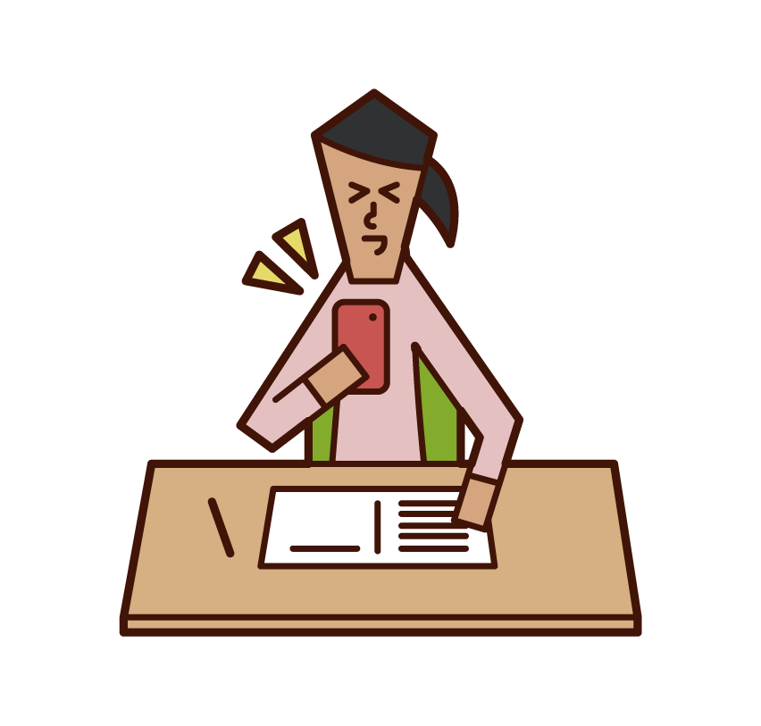 Illustration of a woman operating a smartphone while studying