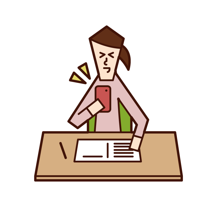 Illustration of a woman operating a smartphone while studying