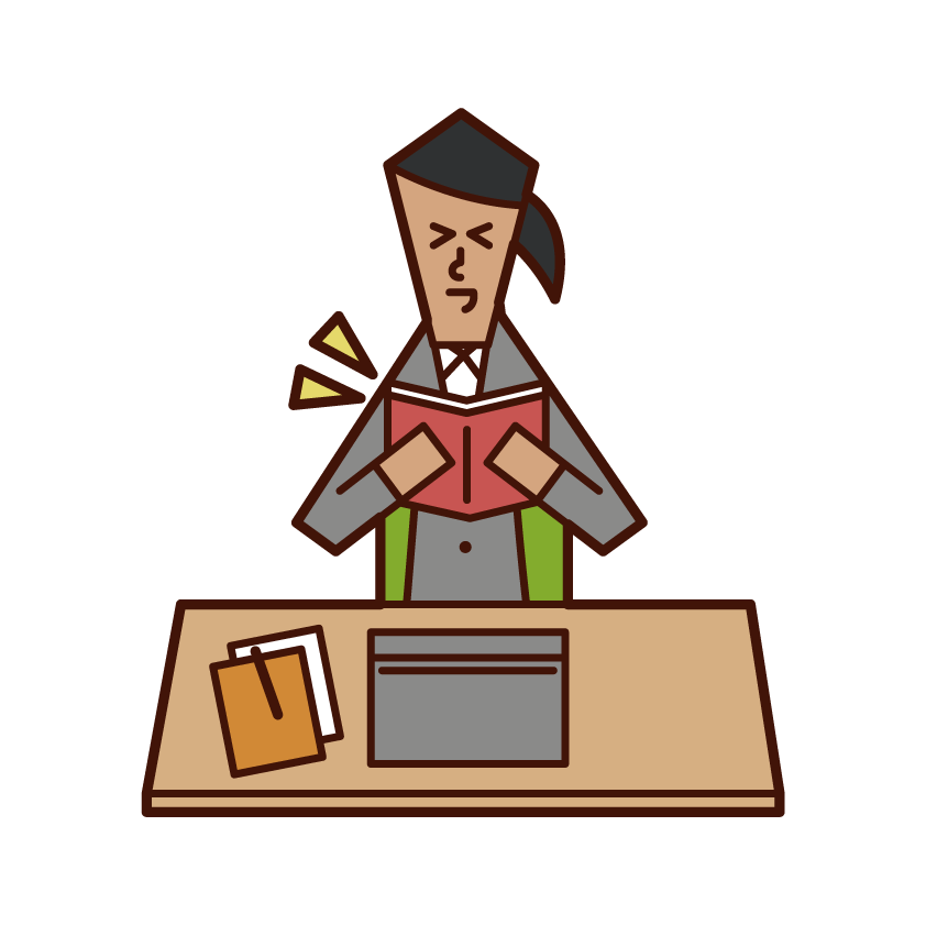 Illustration of a woman reading a book or cartoon while at work