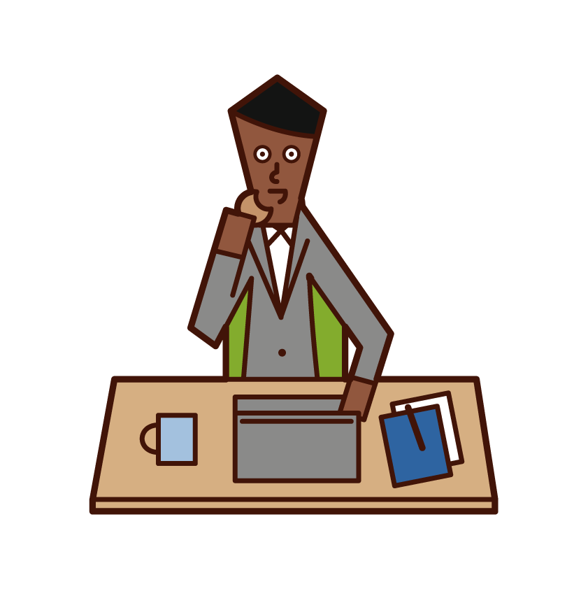 Illustration of a man eating sweets while working