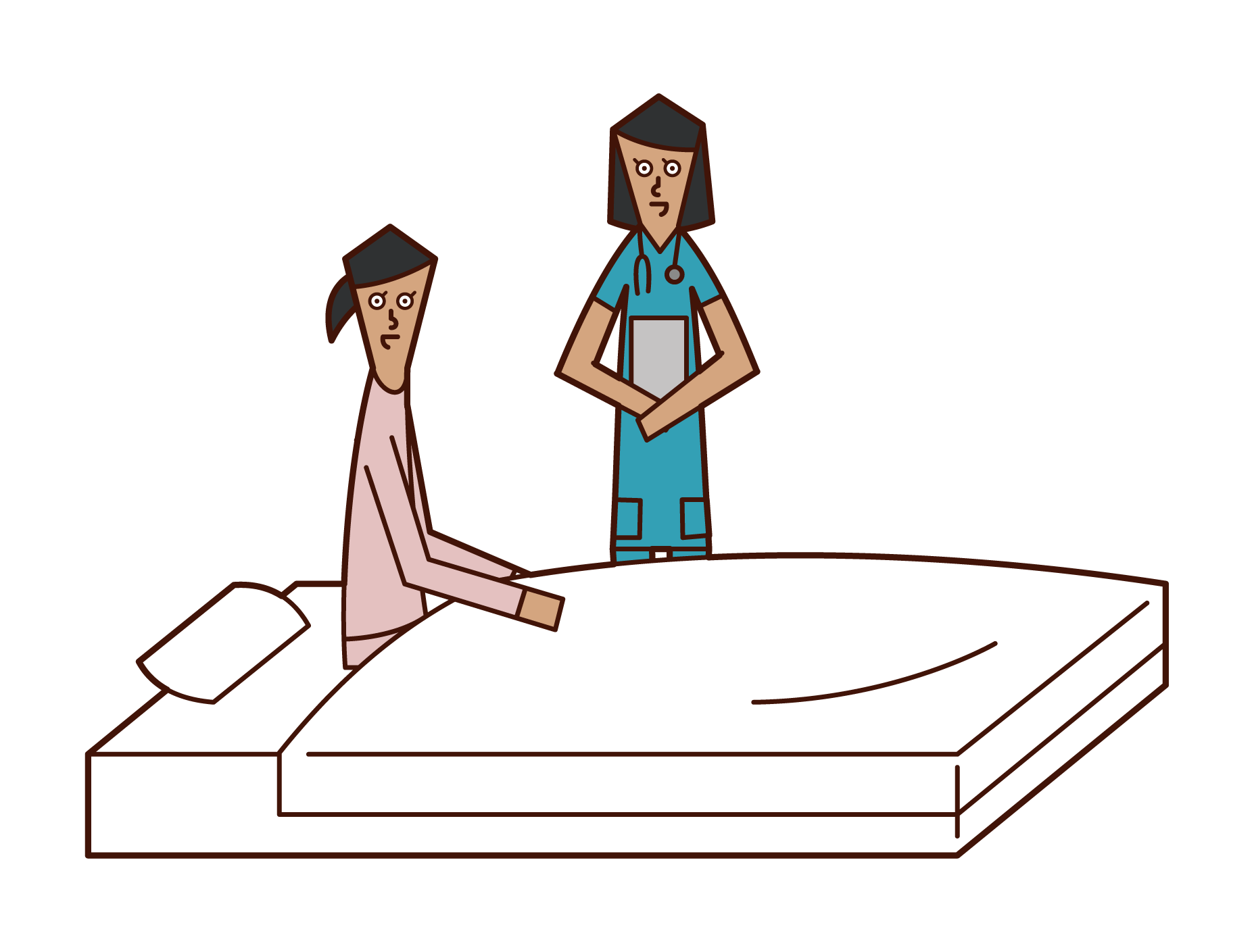 Illustration of a woman in hospital talking to a nurse