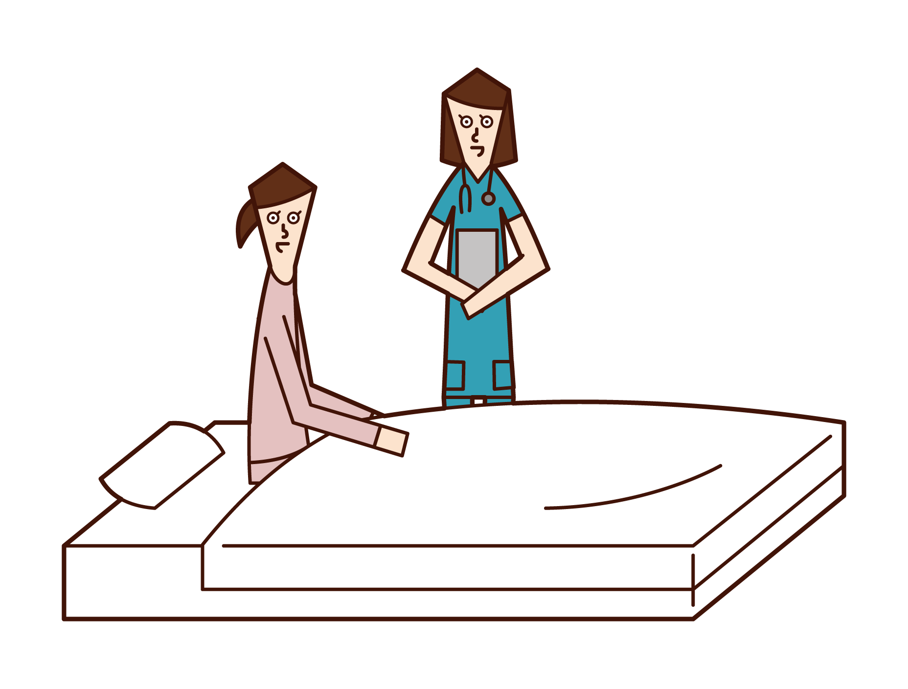 看護婦と話をする入院中の人（女性）のイラスト