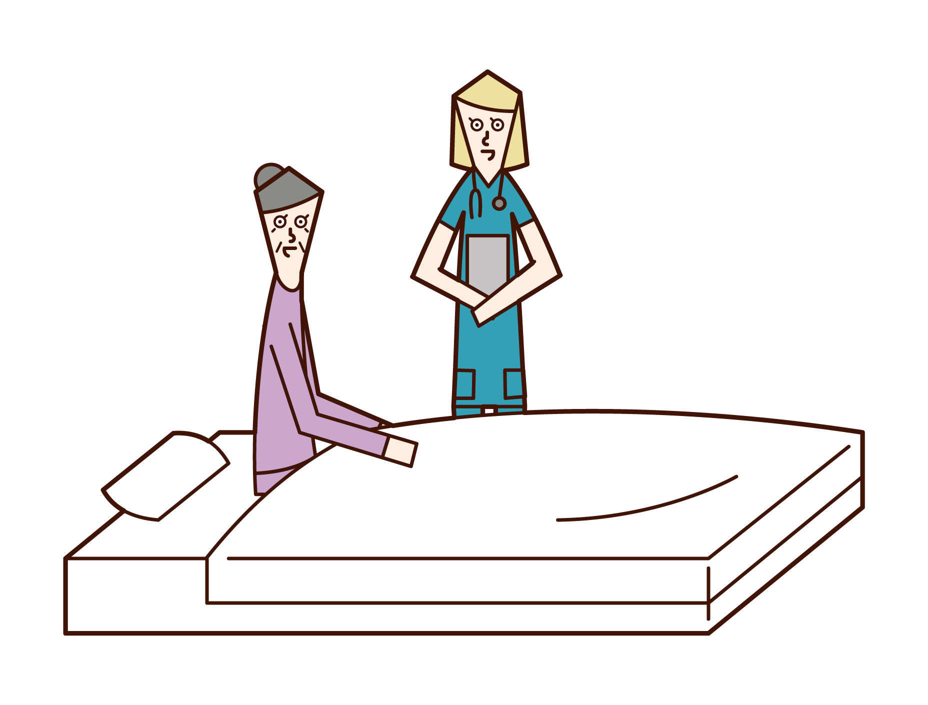 與護士交談的住院老人（女性）的插圖