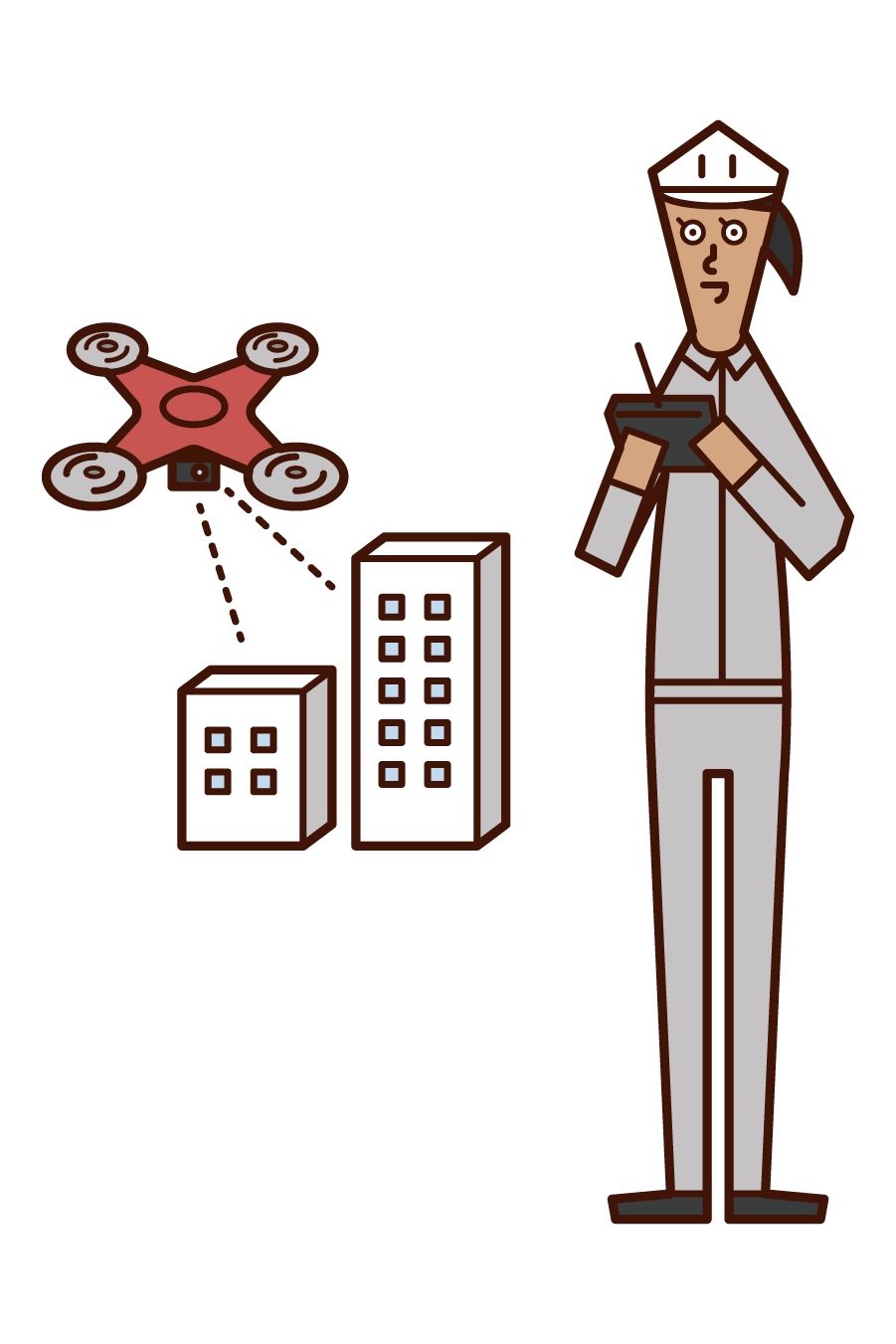 Illustration of a woman inspecting a building and inspecting an exterior wall by a drone