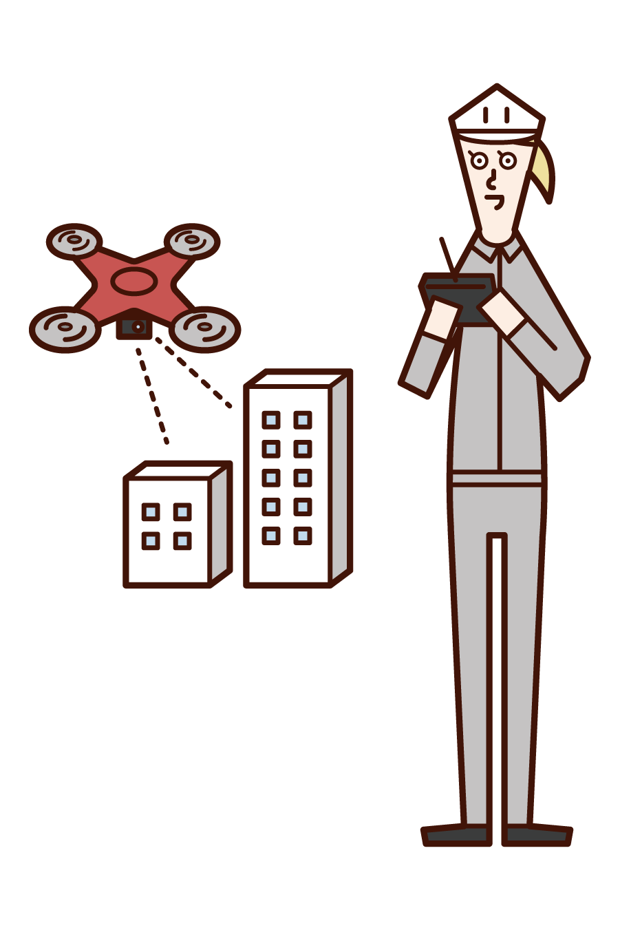 Illustration of a woman inspecting a building and inspecting an exterior wall by a drone