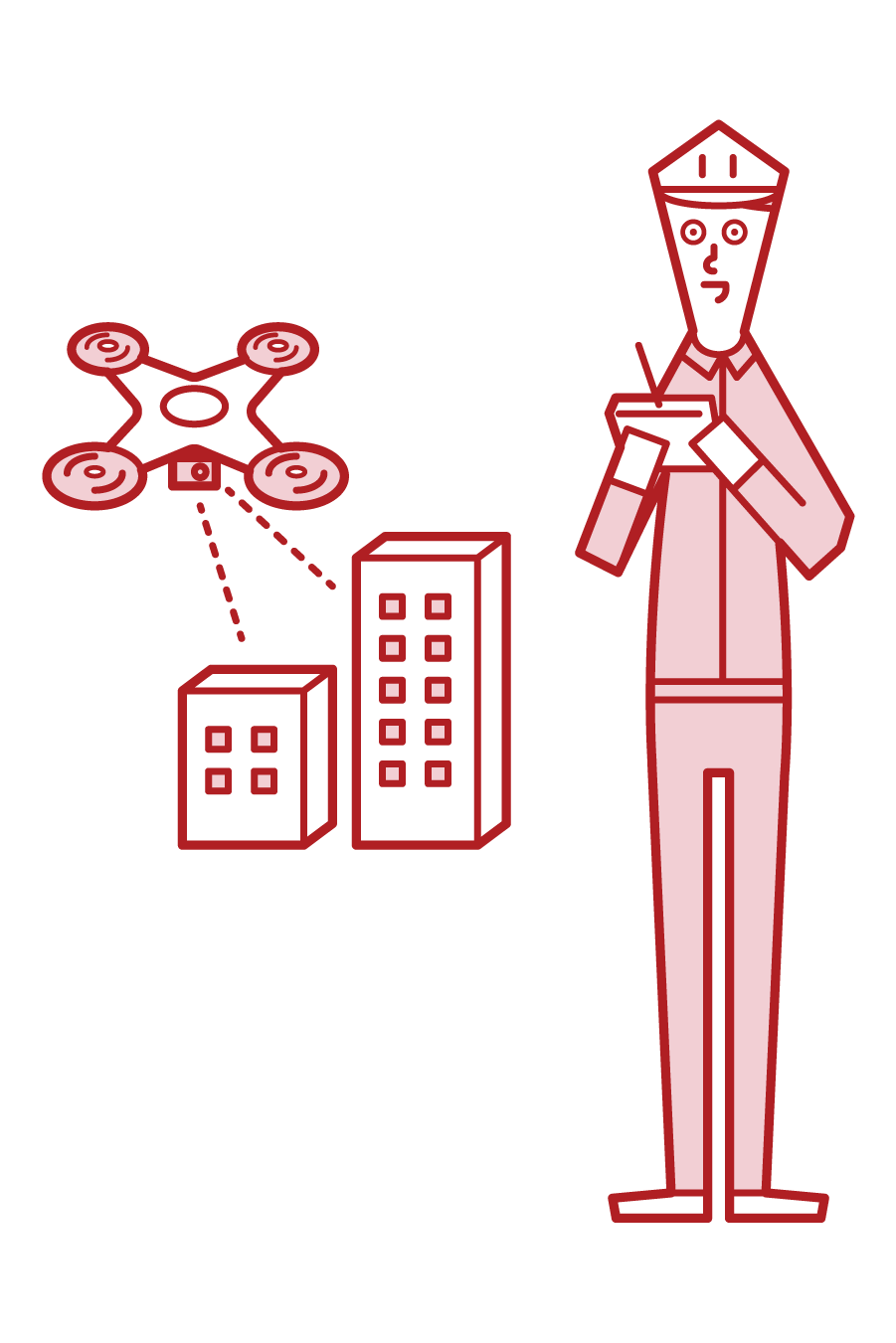 Illustration of a man inspecting a building and inspecting an exterior wall by a drone
