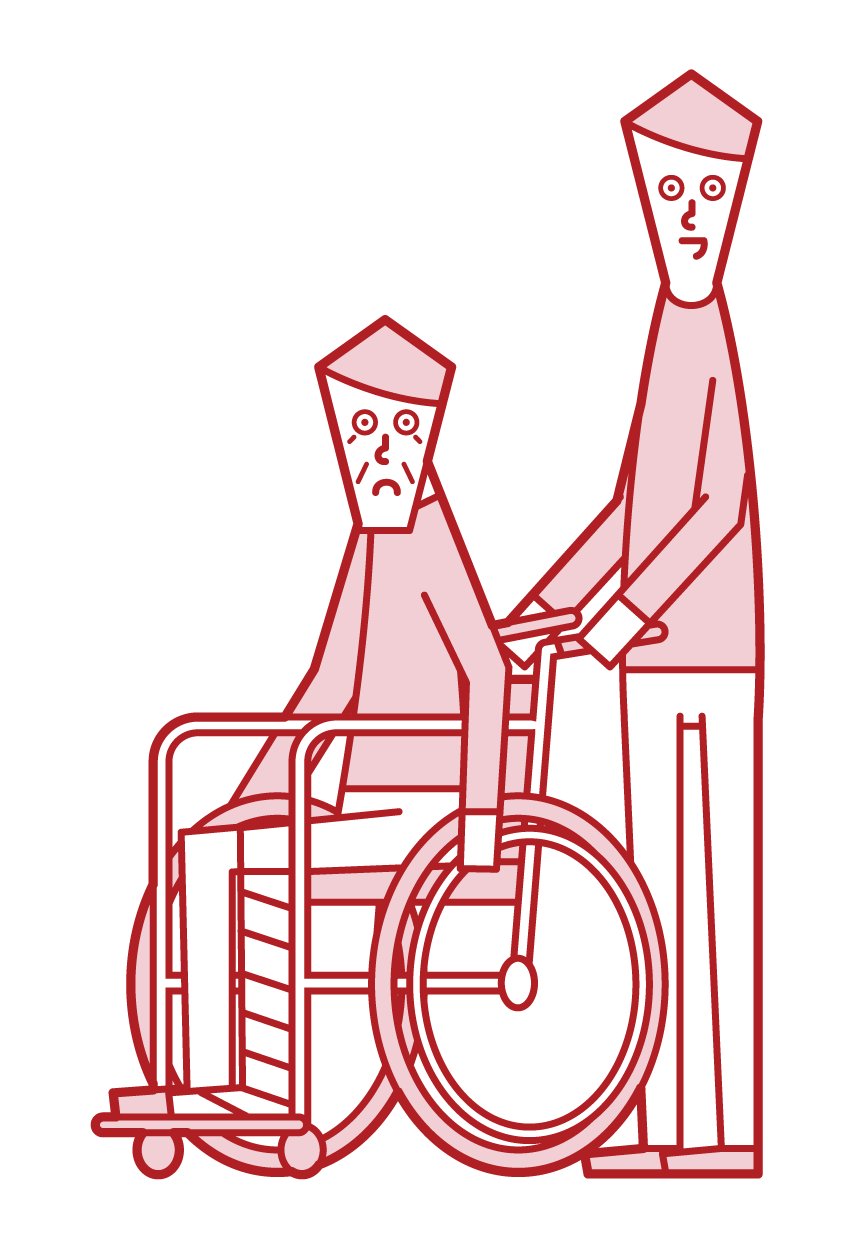 휠체어에 탄 부상자(할아버지)와 휠체어를 밀고 있는 사람(남성)의 그림