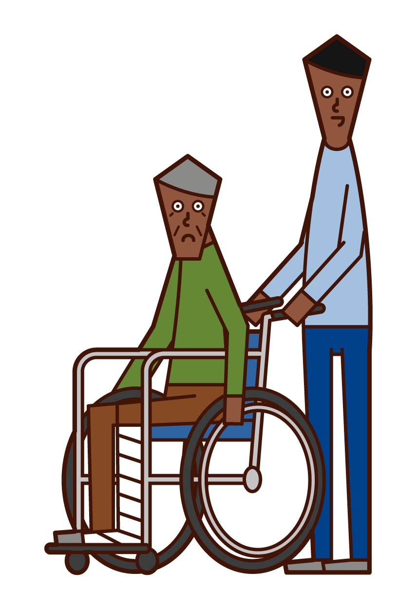 Illustration of an injured person (old man) in a wheelchair and a person pushing a wheelchair (male)