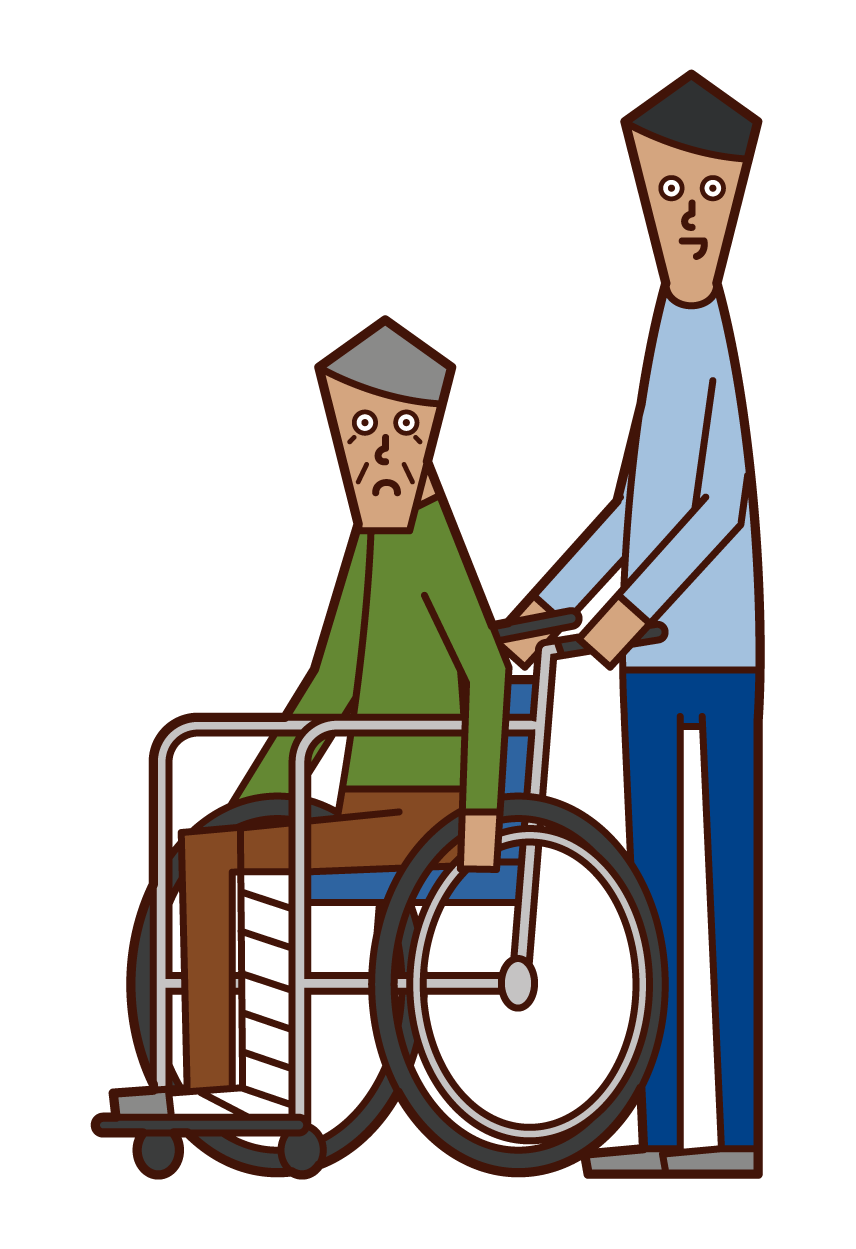 Illustration of an injured person (old man) in a wheelchair and a person pushing a wheelchair (male)